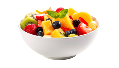 Bowl with colorful fruit salad pieces; mint garnish on top