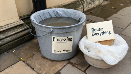 Grey water processing in a bucket with a fabric filter reuse everything