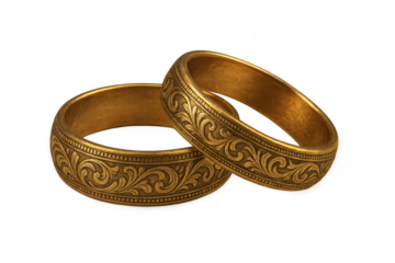 Ornate golden bracelets with intricate scrollwork, isolated on transparent background.