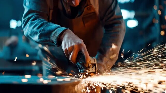 Medium shot of a worker grinding excess metal off a freshly cast part sparks flying as precision fettling cleans the surface for a smooth finish.