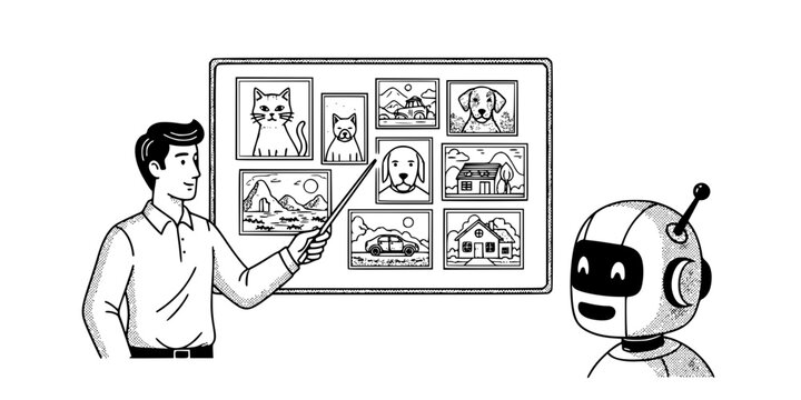 Artificial intelligence trainer man teaching machine learning model vector icon