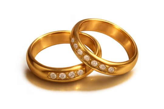 Elegant golden wedding rings with diamonds, isolated on transparent background.