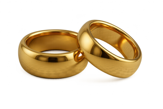 Shiny golden wedding bands isolated on transparent background, symbolizing love.