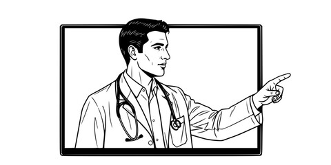 Telehealth doctor man providing virtual medical consultation on screen vector illustration