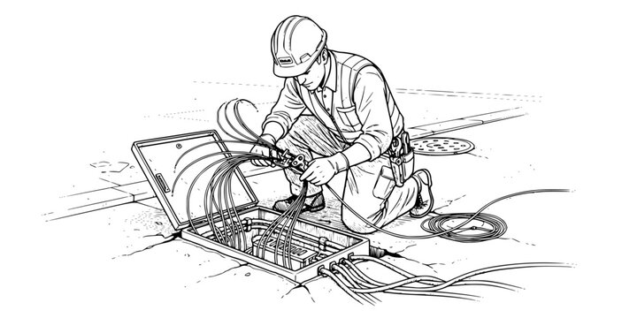 Fiber optic technician man splicing high speed internet cables vector icon