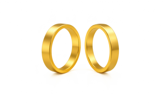 Elegant pair of golden wedding rings isolated on transparent background, sleek.