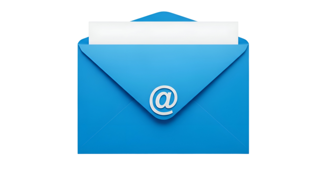 Blue email envelope icon with at symbol isolated on a white background.