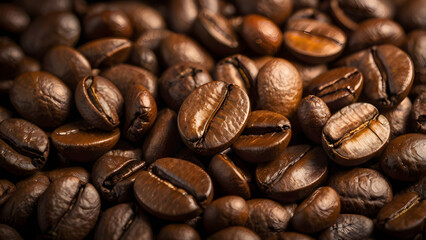 Naklejka premium Close-up shot of roasted coffee beans showing texture and rich brown tones for beverage