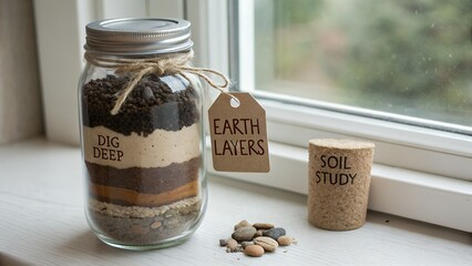 Jar with earth layers for soil study on windowsill
