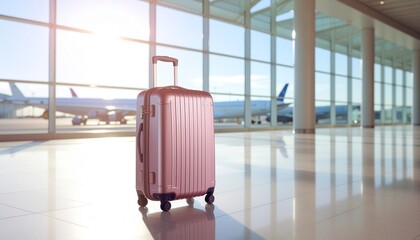 空港ロビーに立つキャリーケースの旅行イメージ