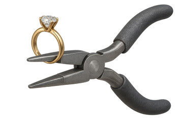 Sparkling diamond ring held by jewelry pliers, isolated on transparent background