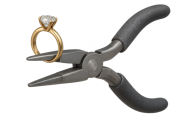 Sparkling diamond ring held by jewelry pliers, isolated on transparent background