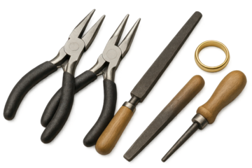 Jewelry making tools with a gold ring, isolated on transparent background