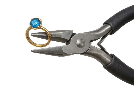 Jewelry pliers holding gold ring, blue gem, isolated on transparent.