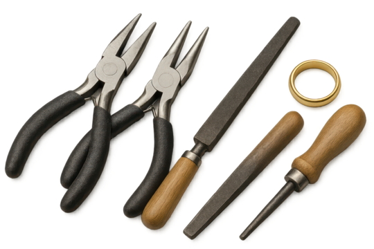 Jewelry making tools with a gold ring, isolated on transparent background