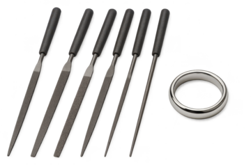 Six jeweler's files and a simple silver ring, isolated on a transparent background.