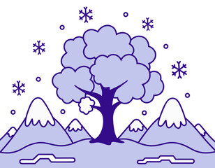 Whimsical Winter Landscape with Snowflakes Falling on a Bare Tree Between Snowy Peaks and Rolling Hills Under a Dark Sky
