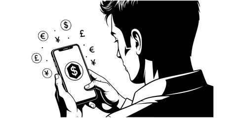 Fintech specialist man with smartphone displaying blockchain finance vector icon