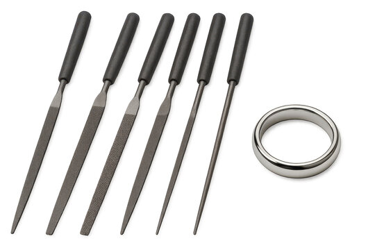Six jeweler's files and a simple silver ring, isolated on a transparent background. - Powered by Adobe