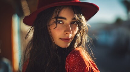 Portrait of a charming young woman with a red hat and freckles posing