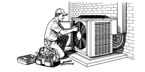 HVAC technician man repairing outdoor air conditioning unit vector icon
