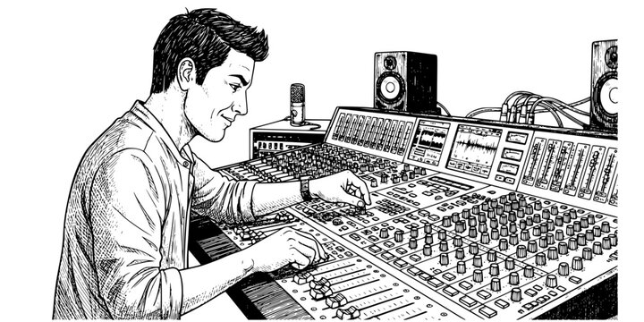 Sound engineer man working at audio mixing console studio vector illustration