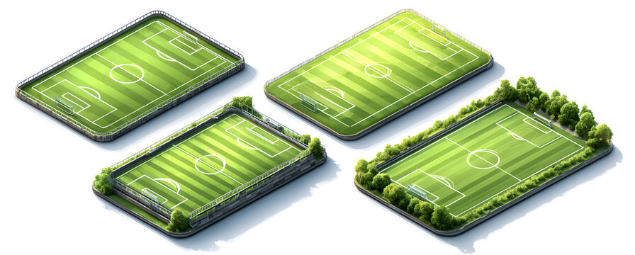 Football field. Soccer pitch scheme top, side and perspective view. Realistic european football court or stadium with green grass vector set