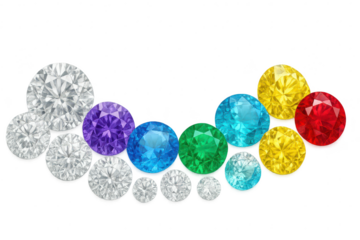 Colorful brilliant cut diamonds arranged in an arc, transparent background.