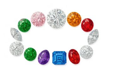 Brilliant multi-colored gemstones in arc, isolated on transparent background.