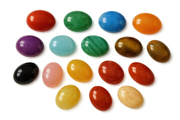 Group of colorful polished oval gemstones isolated on transparent background