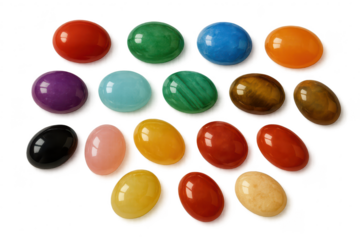 Group of colorful polished oval gemstones isolated on transparent background