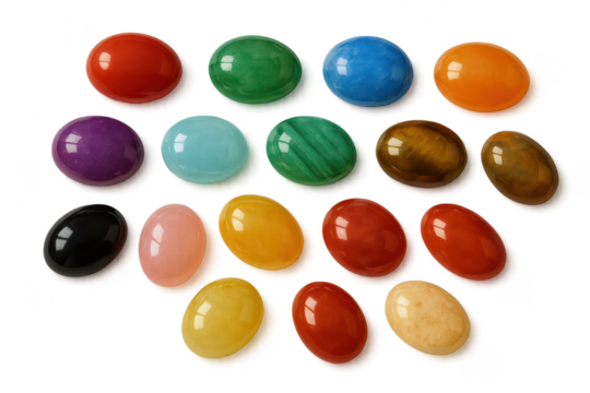 Group of colorful polished oval gemstones isolated on transparent background
