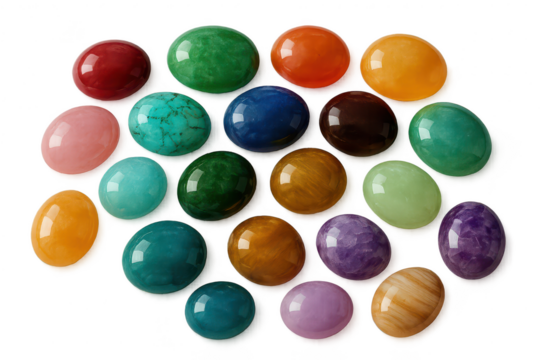 Collection of various colorful polished gemstones isolated on transparent background
