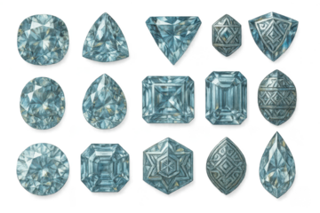 Various sparkling faceted gemstones isolated on transparent background.