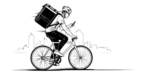 Urban bicycle courier man on bike checking phone delivery vector icon
