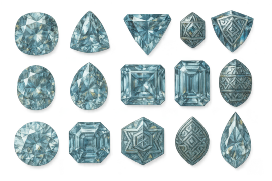 Various sparkling faceted gemstones isolated on transparent background.