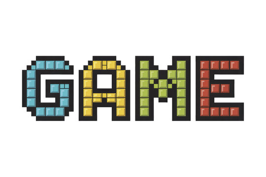 Pixelated 'GAME' text in vibrant blue, yellow, green, and red blocks, evoking a retro 8-bit video game aesthetic. Playful gaming typography. background removed
