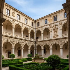 Fototapeta premium Ornate Renaissance Courtyard with Fountain and Geometric Gardens Under Blue Sky.