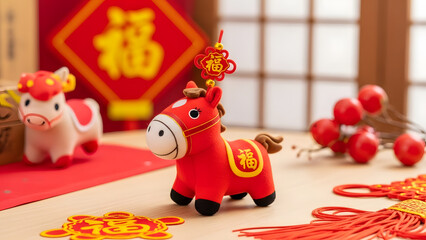 Obraz premium Festive Chinese New Year Decorations with Red Horse Figurine