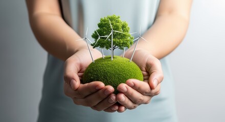 Hands holding earth globe with green tree and wind turbines symbolizing sustainable energy and environmental conservation efforts