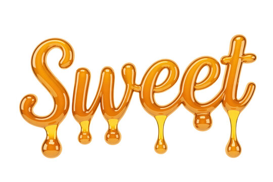 A vibrant, glossy 3D rendering of the word 'Sweet' in a golden, dripping honey or caramel effect, suggesting deliciousness and sugary appeal. background removed