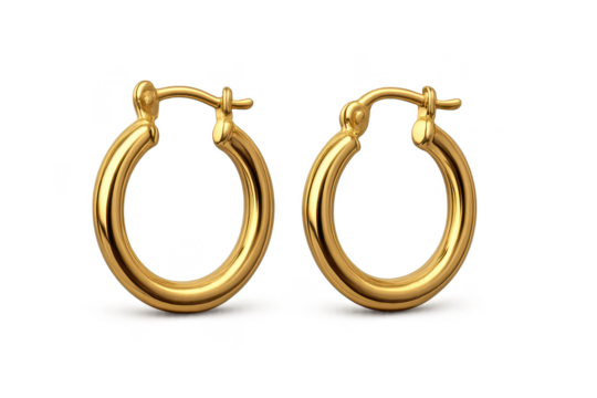 Elegant pair of golden hoop earrings isolated on a transparent background for fashion