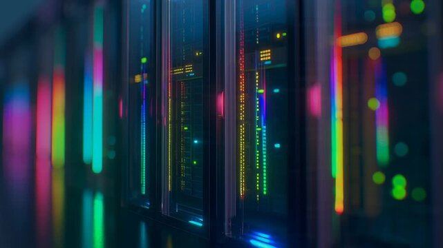 Data Center Server Racks with Colorful LED Lights and Network Activity Indicators