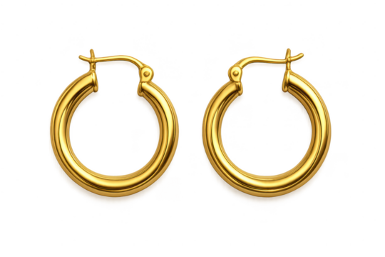 Pair of classic shiny gold hoop earrings isolated on transparent background.