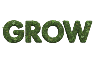 The word 'GROW' creatively rendered with lush green moss, various plants, and leaves, symbolizing natural growth and sustainability. background removed