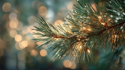 Bright pine sprig adorned with tiny warm lights and gentle pastel background blur