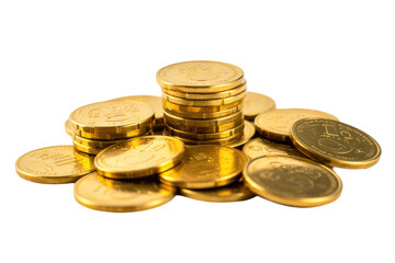 A glittering stack and scattered pile of golden coins on a solid transparent background, representing wealth and finance. background removed