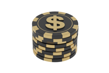 A stack of black and gold casino poker chips with a prominent dollar sign on the top, representing wealth and gambling. background removed