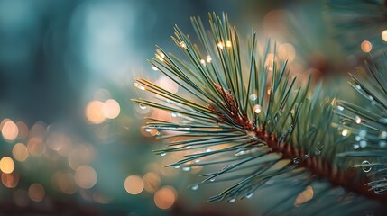 Cool toned winter pine needles with icy droplets and distant glowing decorations