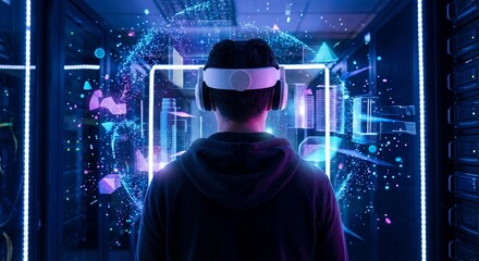 Person wearing VR headset looking at virtual digital world